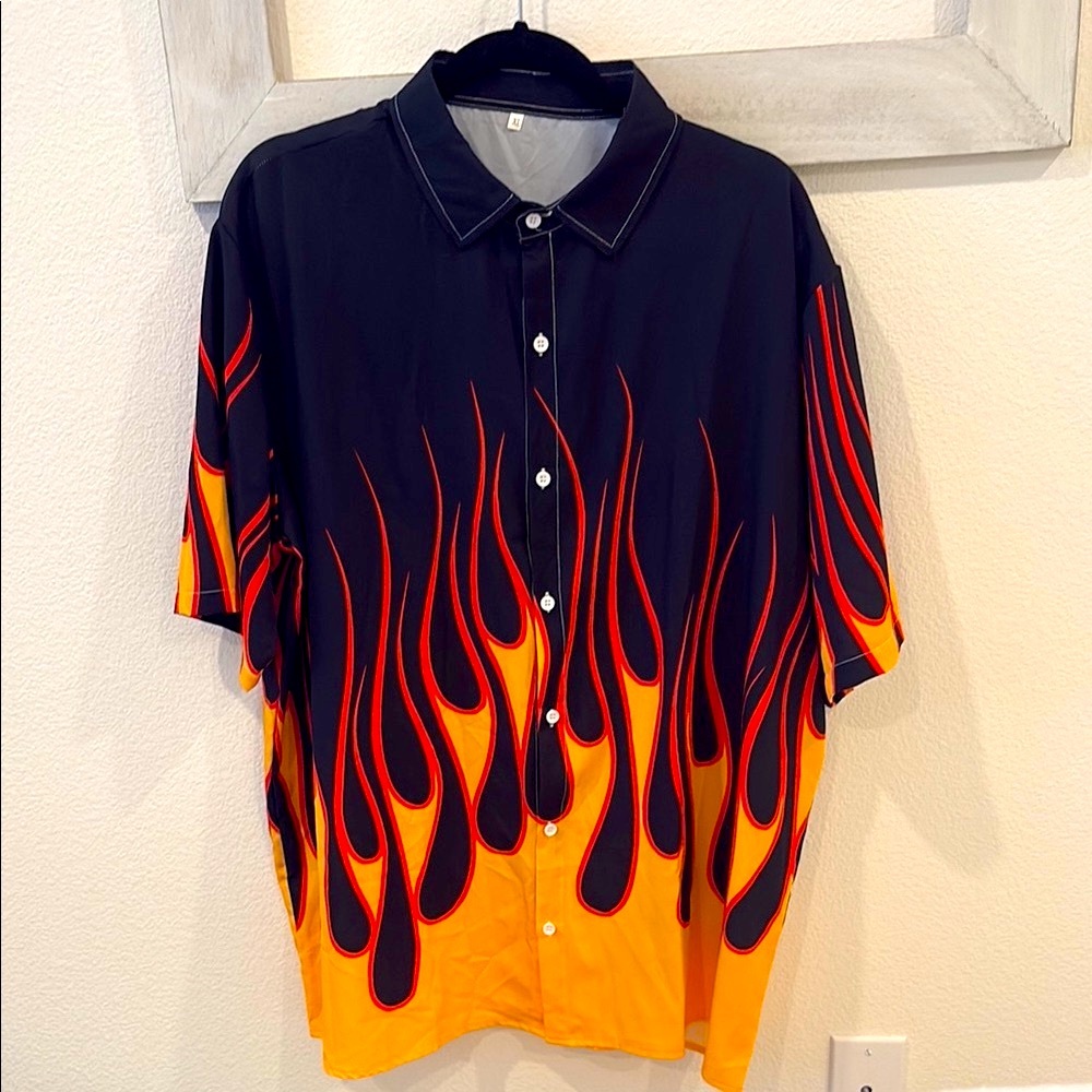 Flame Pattern Black and Orange Men's Shirt